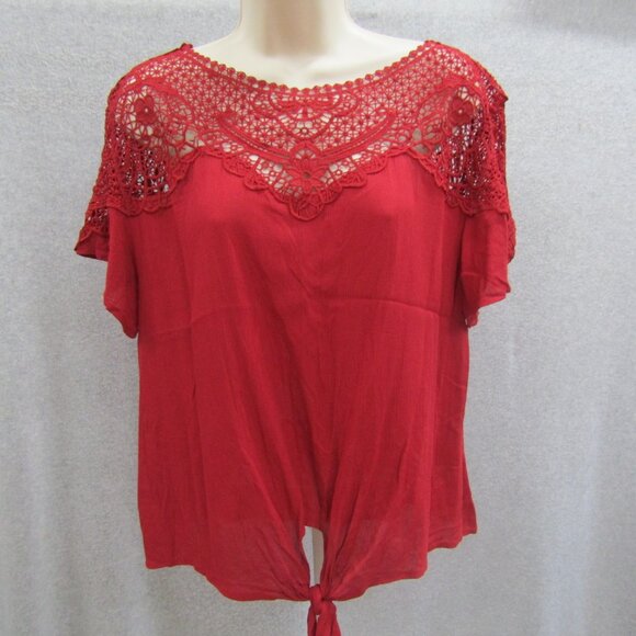 Womens Red Top Blouse Small Short Sleeve Round Neck Business Casual Preppy - Picture 1 of 10